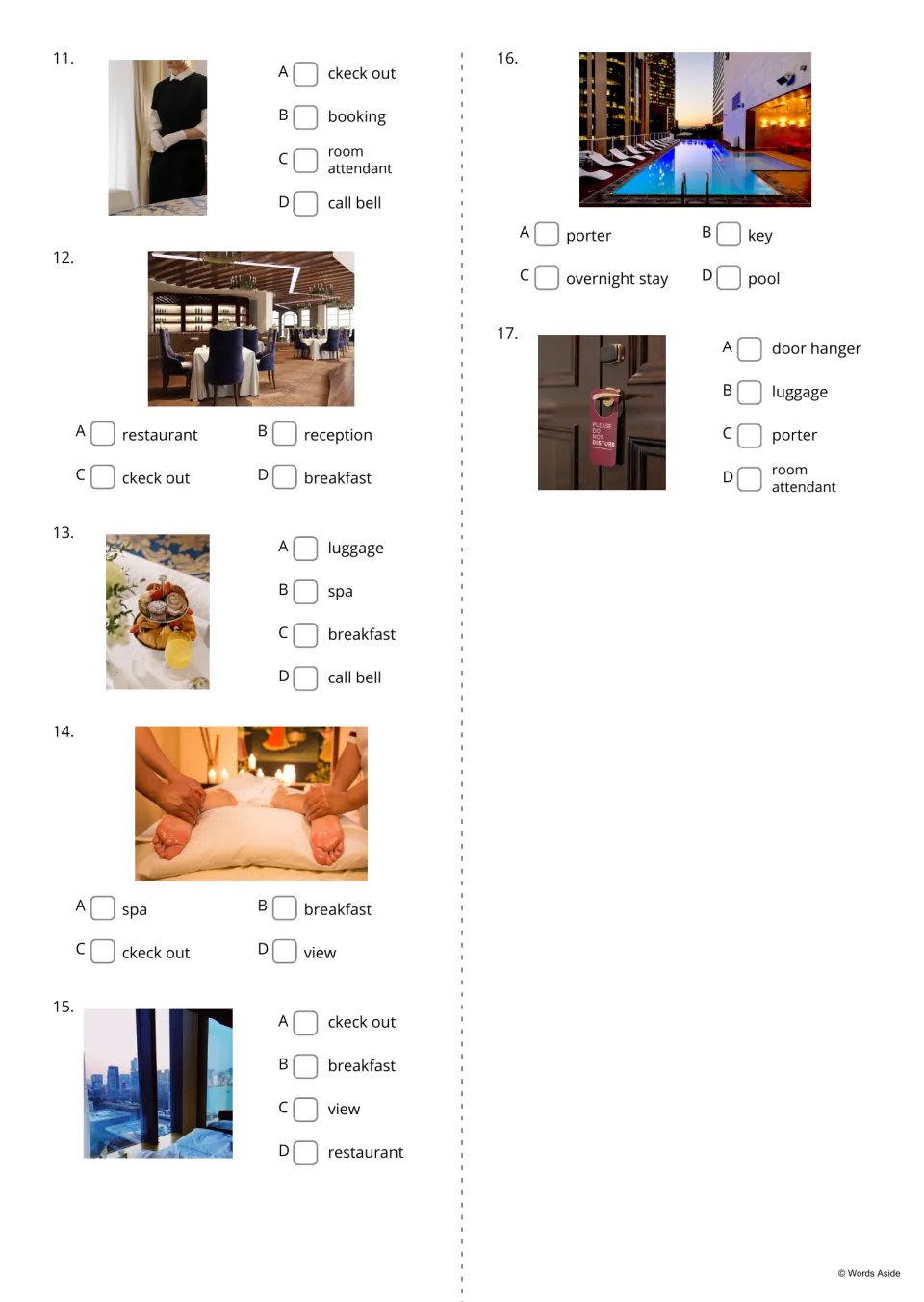 Hotel vocabulary quiz items 11-17: students choose the A-D word for photos of a room attendant, spa, pool and door hanger