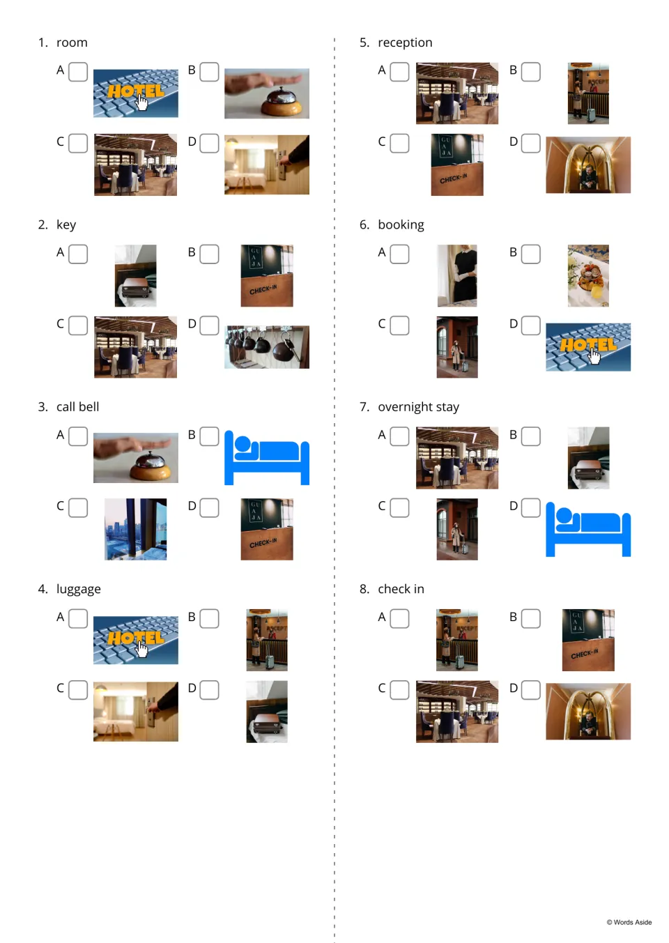 Word-to-picture quiz items 1-8: students tick the photo that matches each hotel word, such as room, key or check in