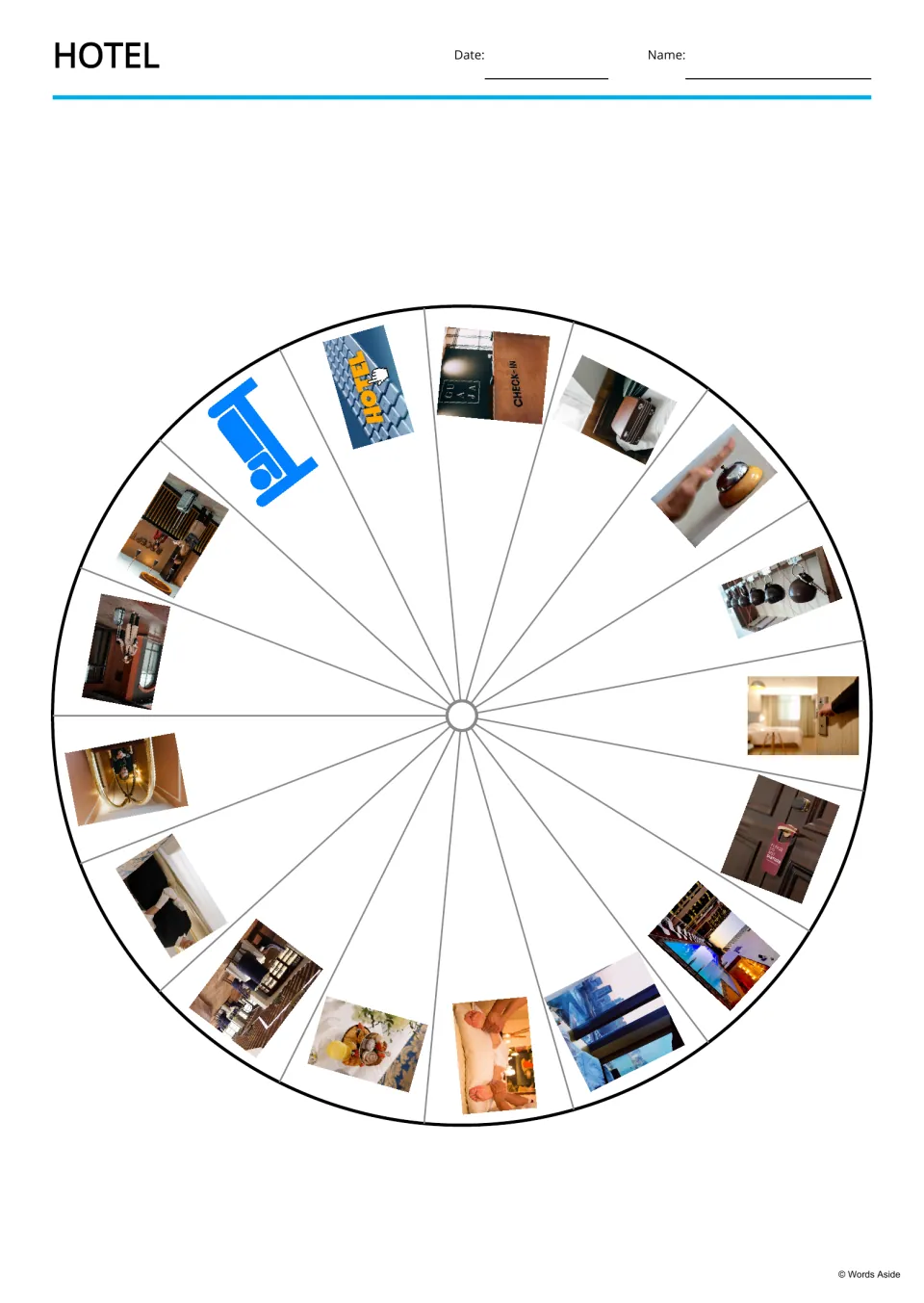 Hotel picture wheel showing 17 hotel photos, such as a call bell, pool, key rack and door hanger, arranged in a circle