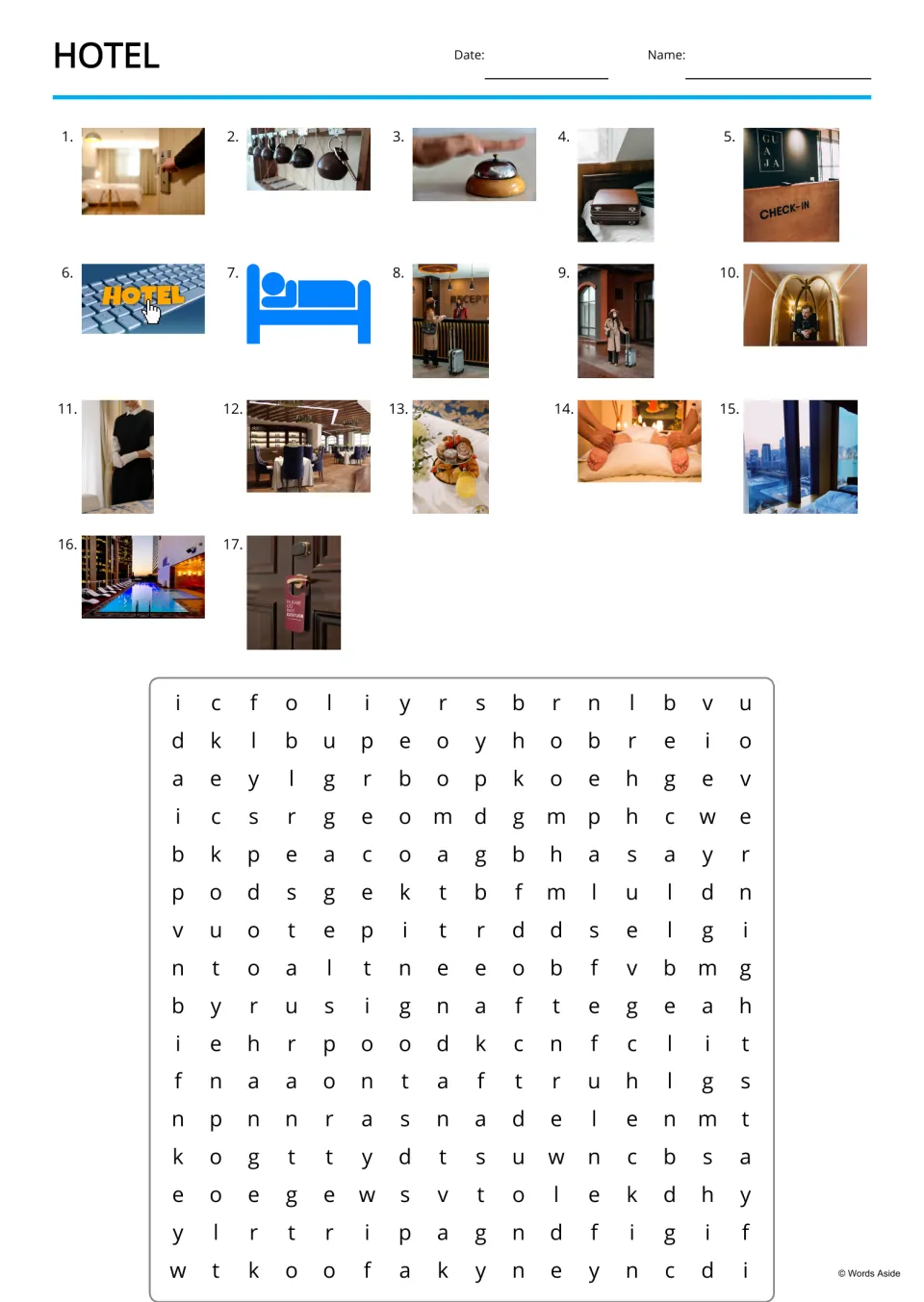 Hotel word search: students find 17 pictured hotel words, from room and key to door hanger, hidden in a letter grid