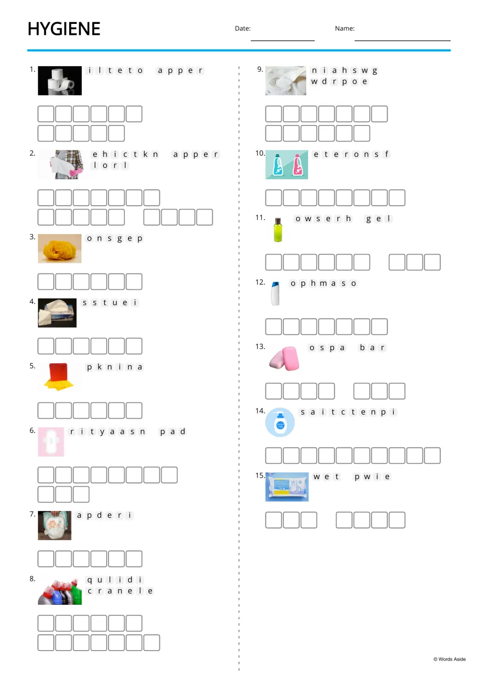Hygiene anagrams: students unscramble 15 item names such as toilet paper, sponge and diaper, each shown with a photo