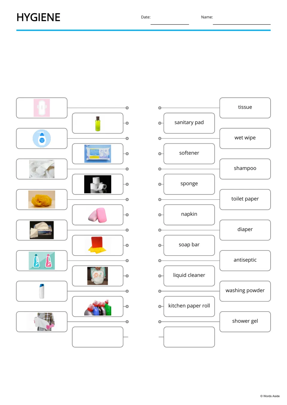Hygiene picture-to-word match: students connect photos of items like soap bar and tissue to their printed names