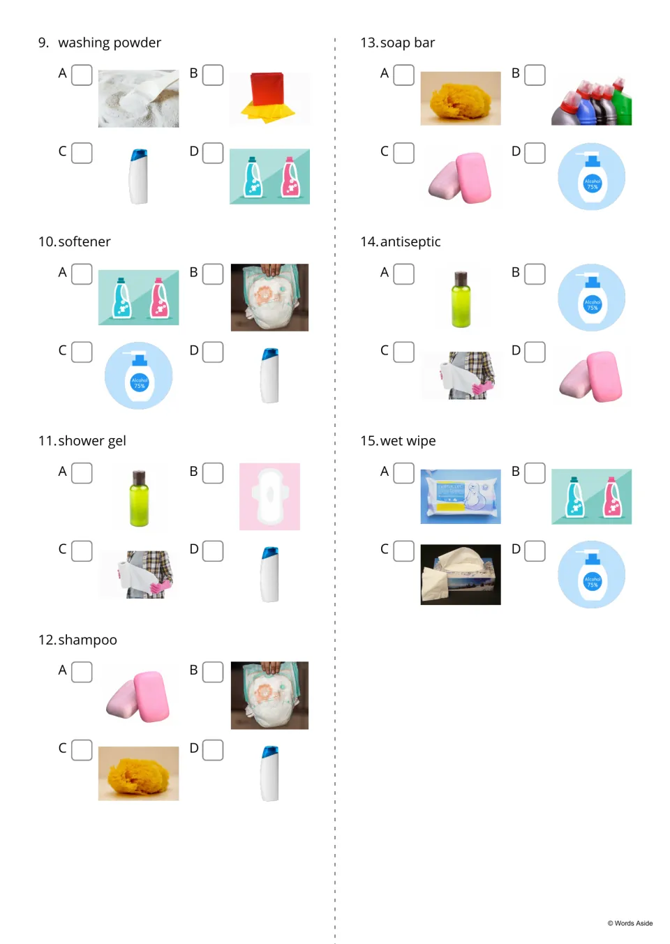 Word quiz items 9-15: students tick the photo matching washing powder, softener, shower gel, shampoo, soap bar and more