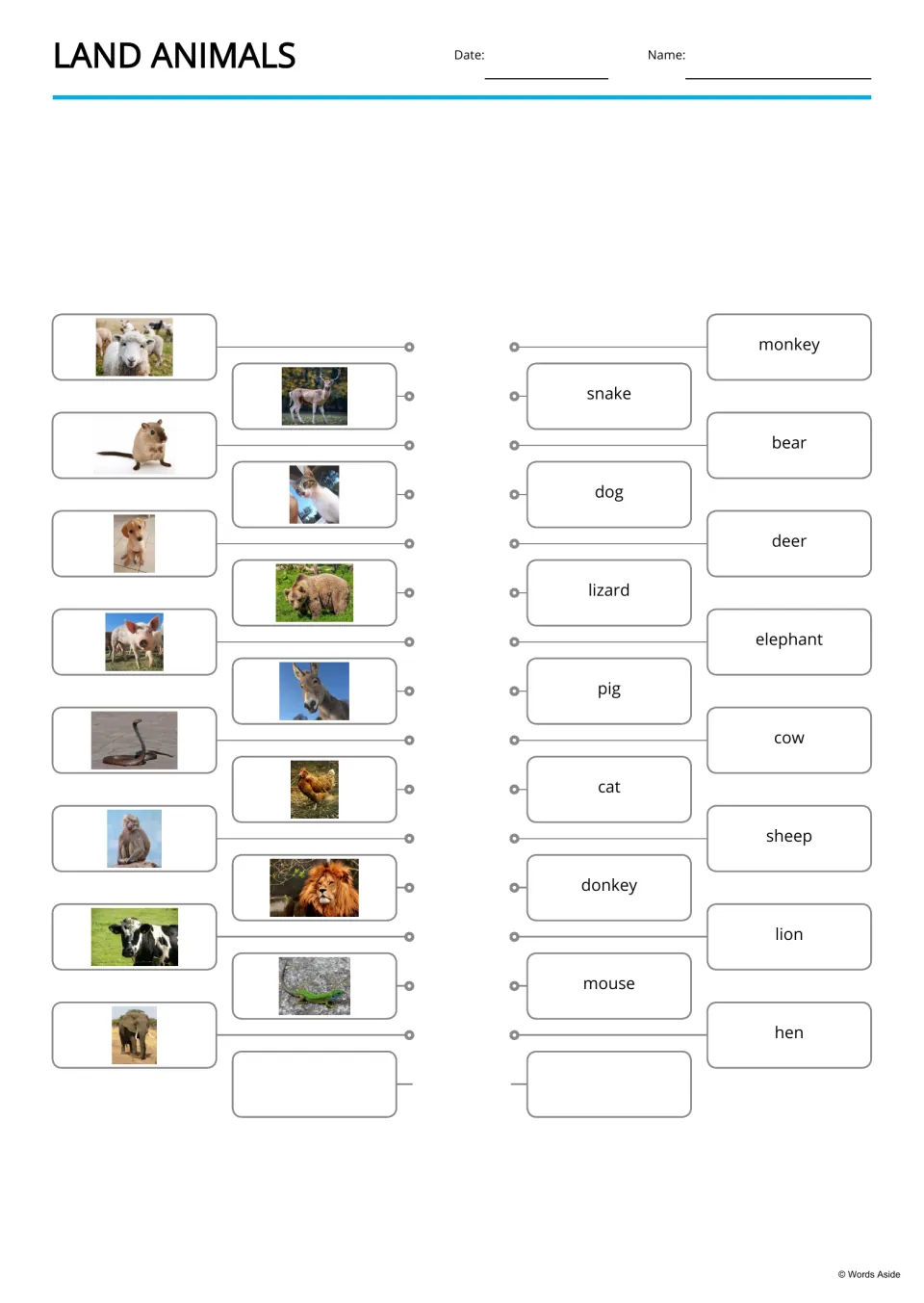 Land animals picture-to-word matching: students connect 15 animal photos on the left to names like monkey, snake and hen
