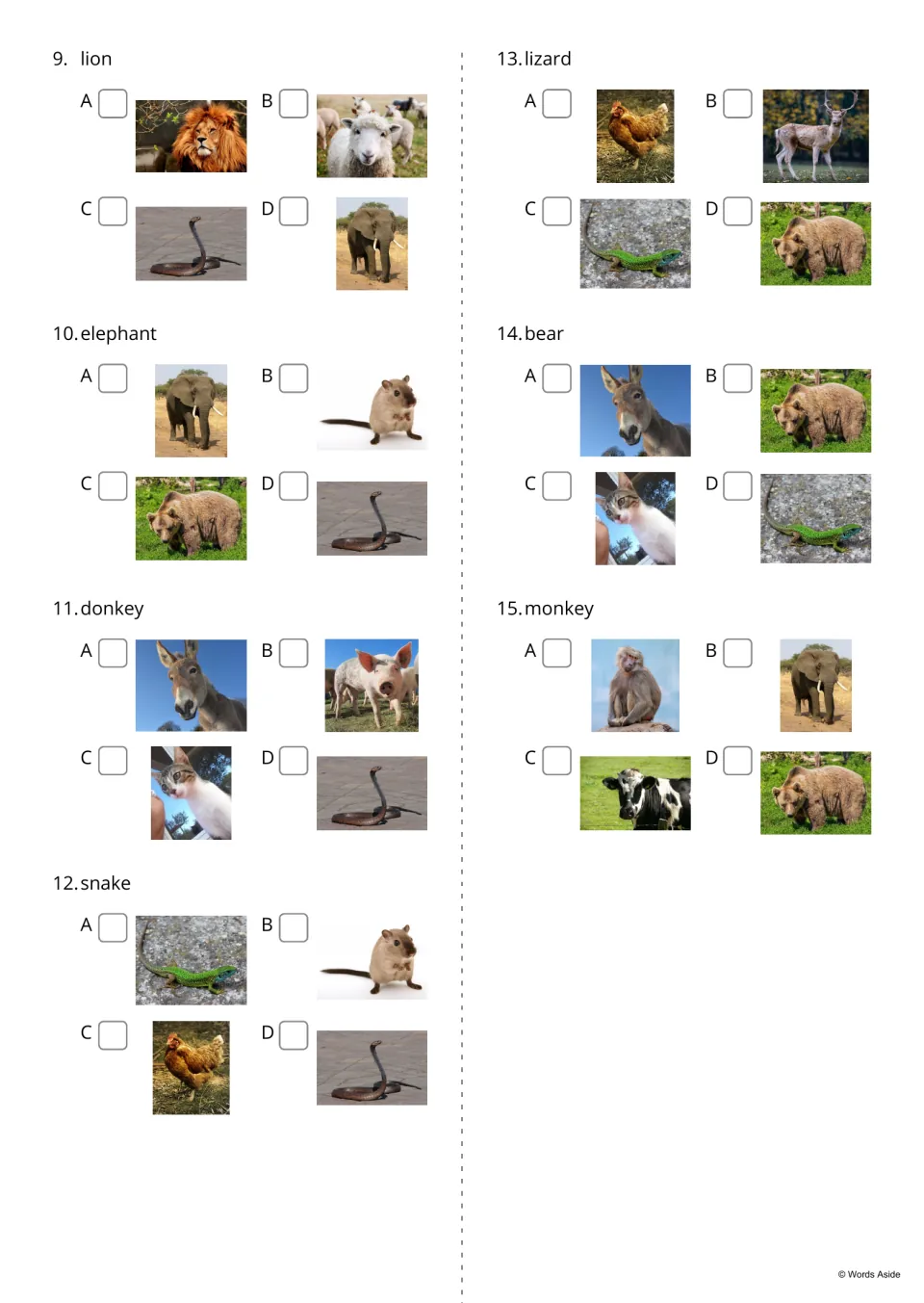 Word-to-photo quiz, items 9-15: students read names like lion, elephant and monkey and tick the matching animal photo