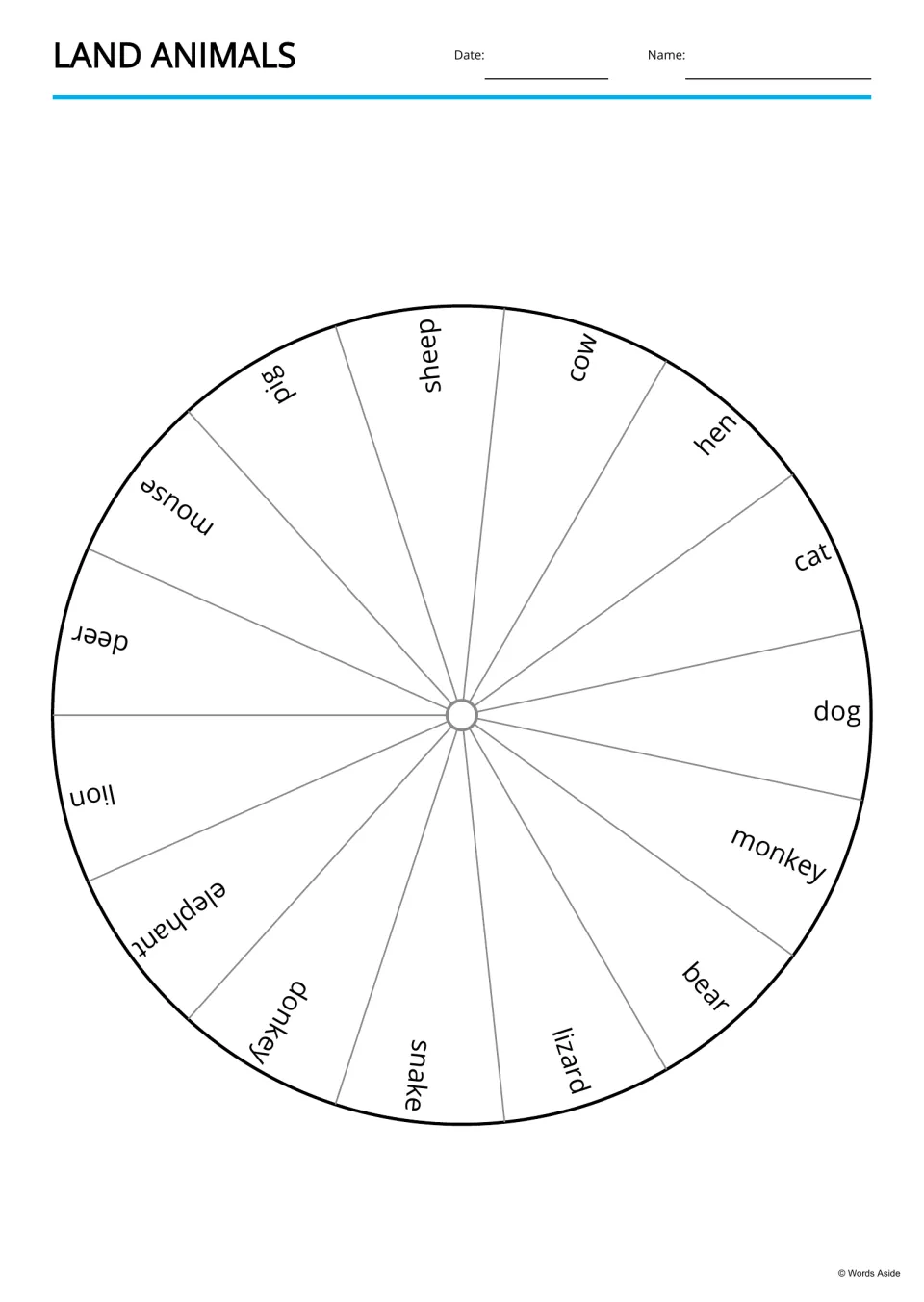 Land animals word wheel: 15 animal names, including sheep, cow, lizard and snake, printed in segments around a circle