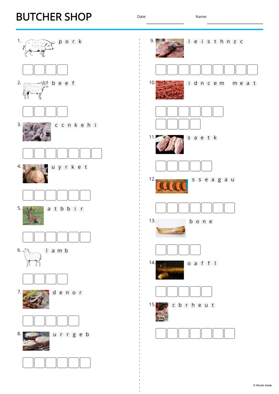 Butcher Shop anagrams: students unscramble 15 meat words like chicken, turkey and sausage, each with a picture