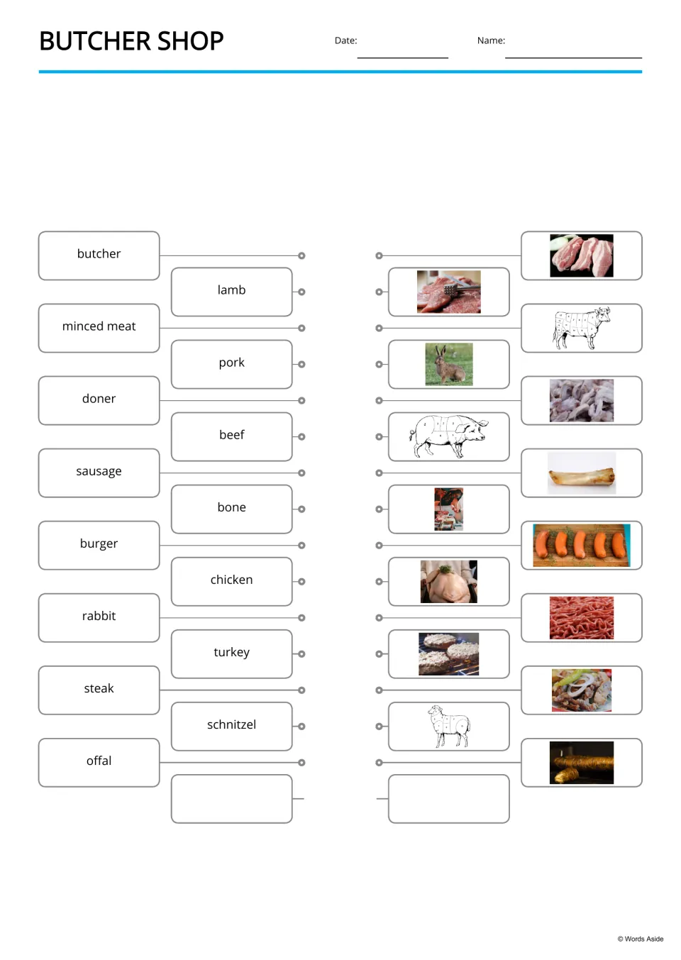 Butcher Shop matching: students draw lines from words such as minced meat, doner and offal to the matching meat pictures