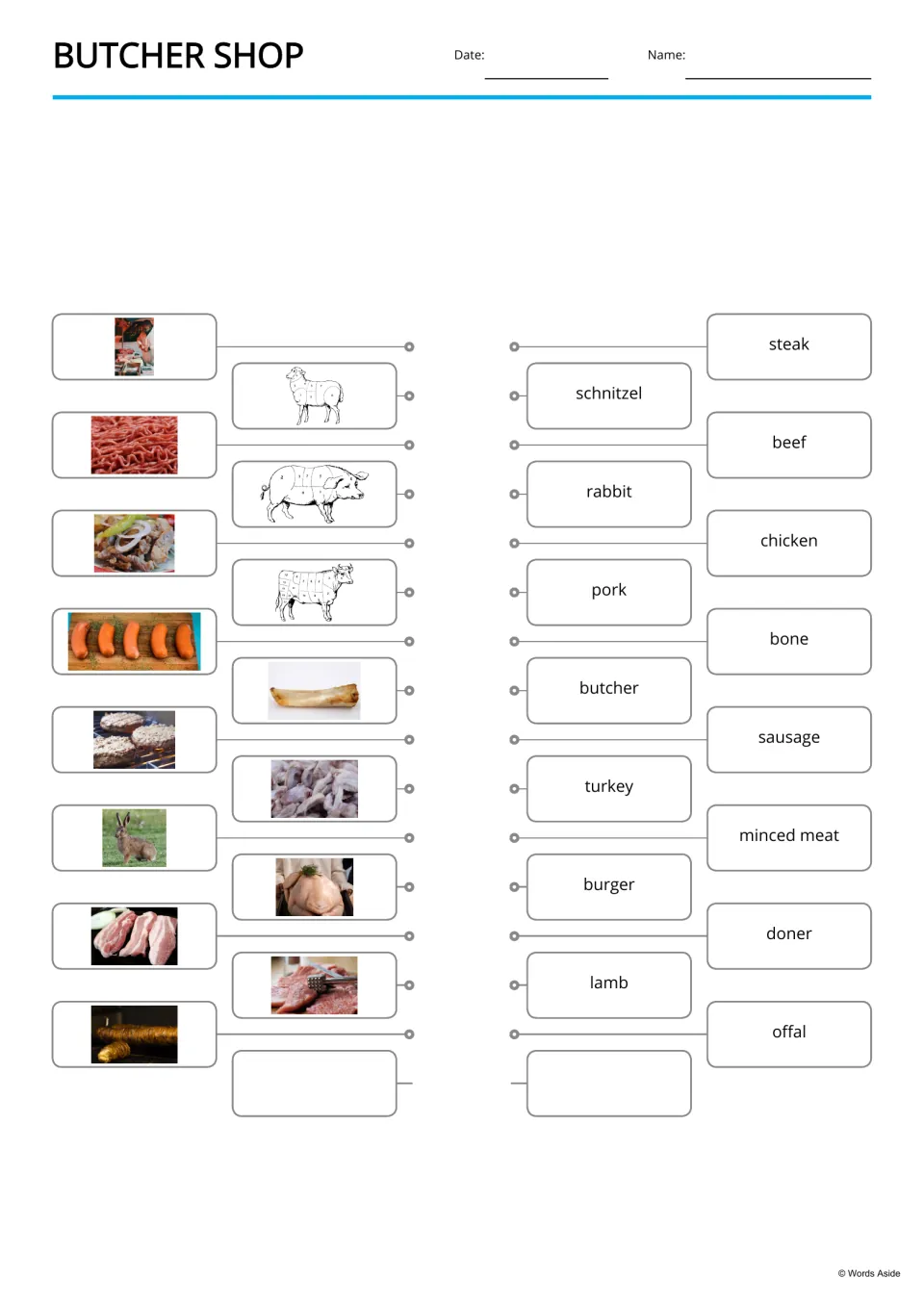 Picture-to-word matching: students link photos of sausages, a bone and a rabbit to words like steak and schnitzel