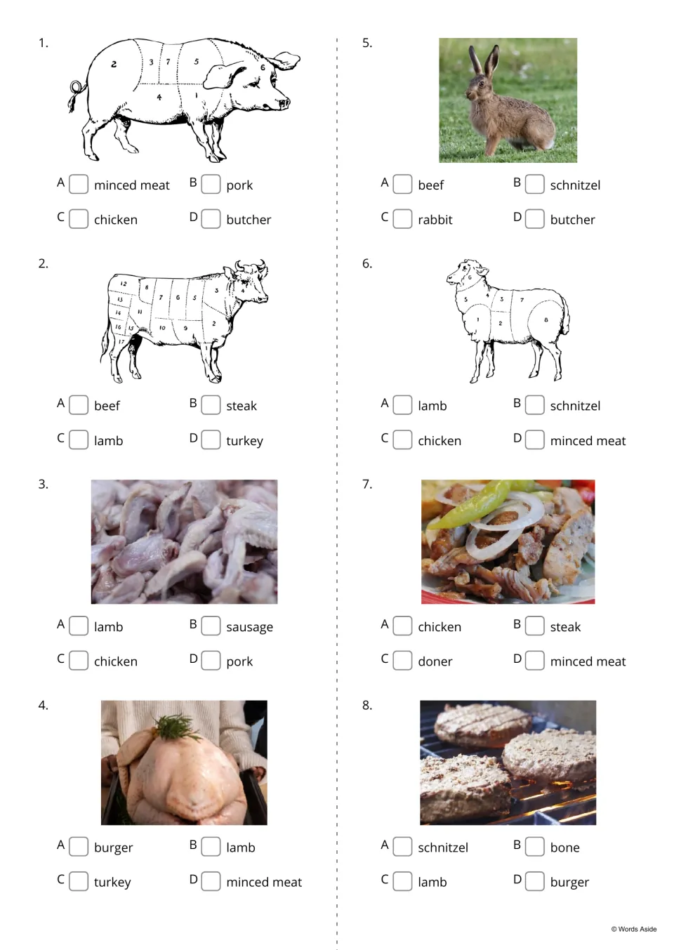Meat vocabulary quiz items 1-8: students tick the word that names each picture, such as pork, beef, turkey or doner