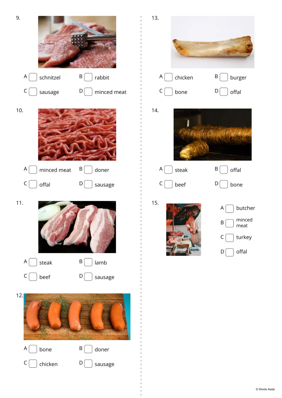 Meat vocabulary quiz items 9-15: students choose the word for pictures of schnitzel, minced meat, sausages and offal