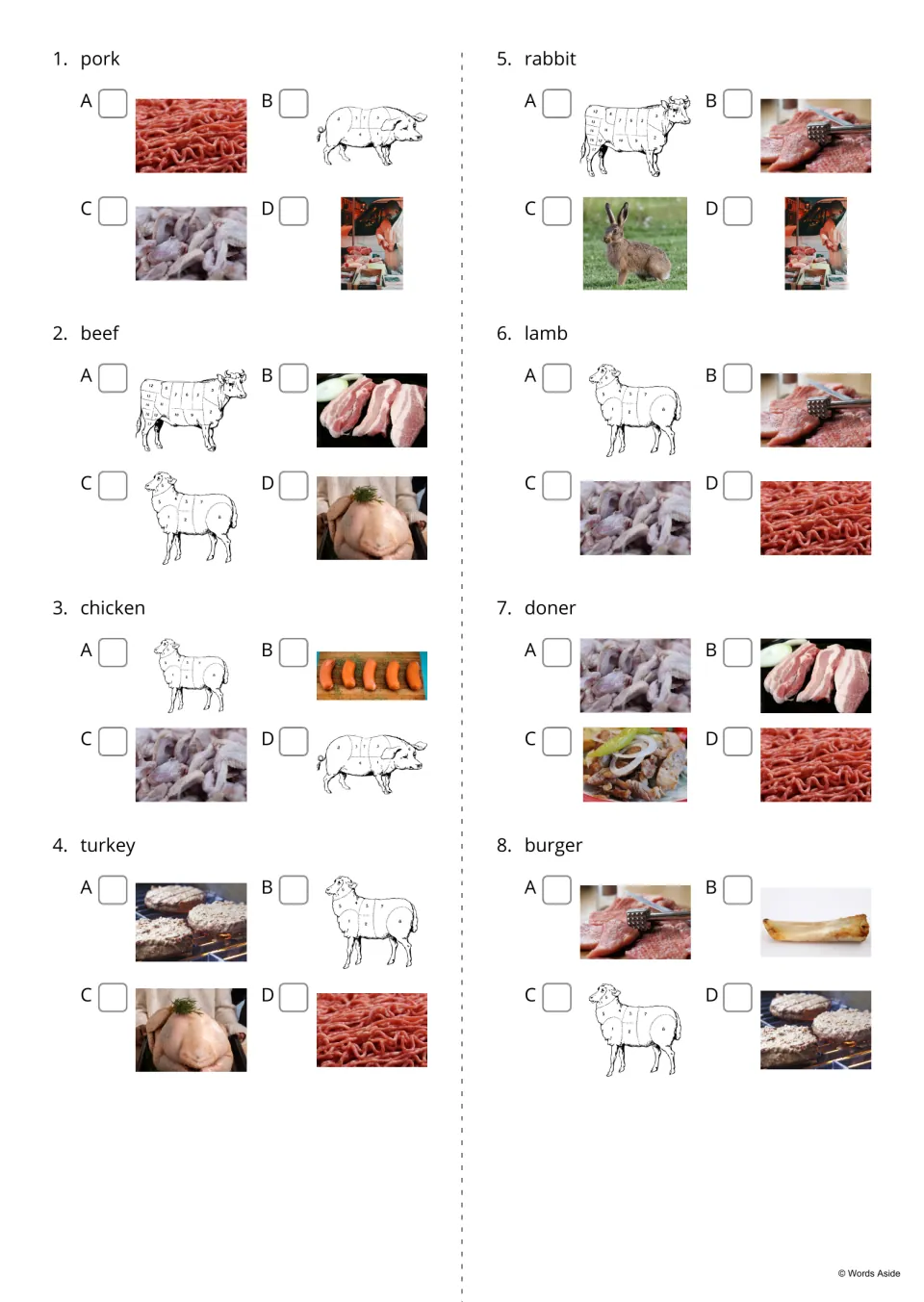 Word-to-picture quiz items 1-8: for words like pork, beef, rabbit and burger, students tick the matching image from four