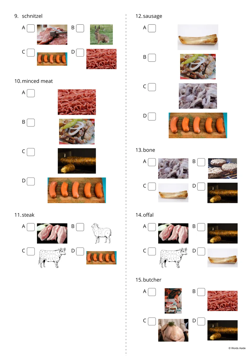 Word-to-picture quiz items 9-15: students tick which of four images shows schnitzel, steak, sausage, bone or offal