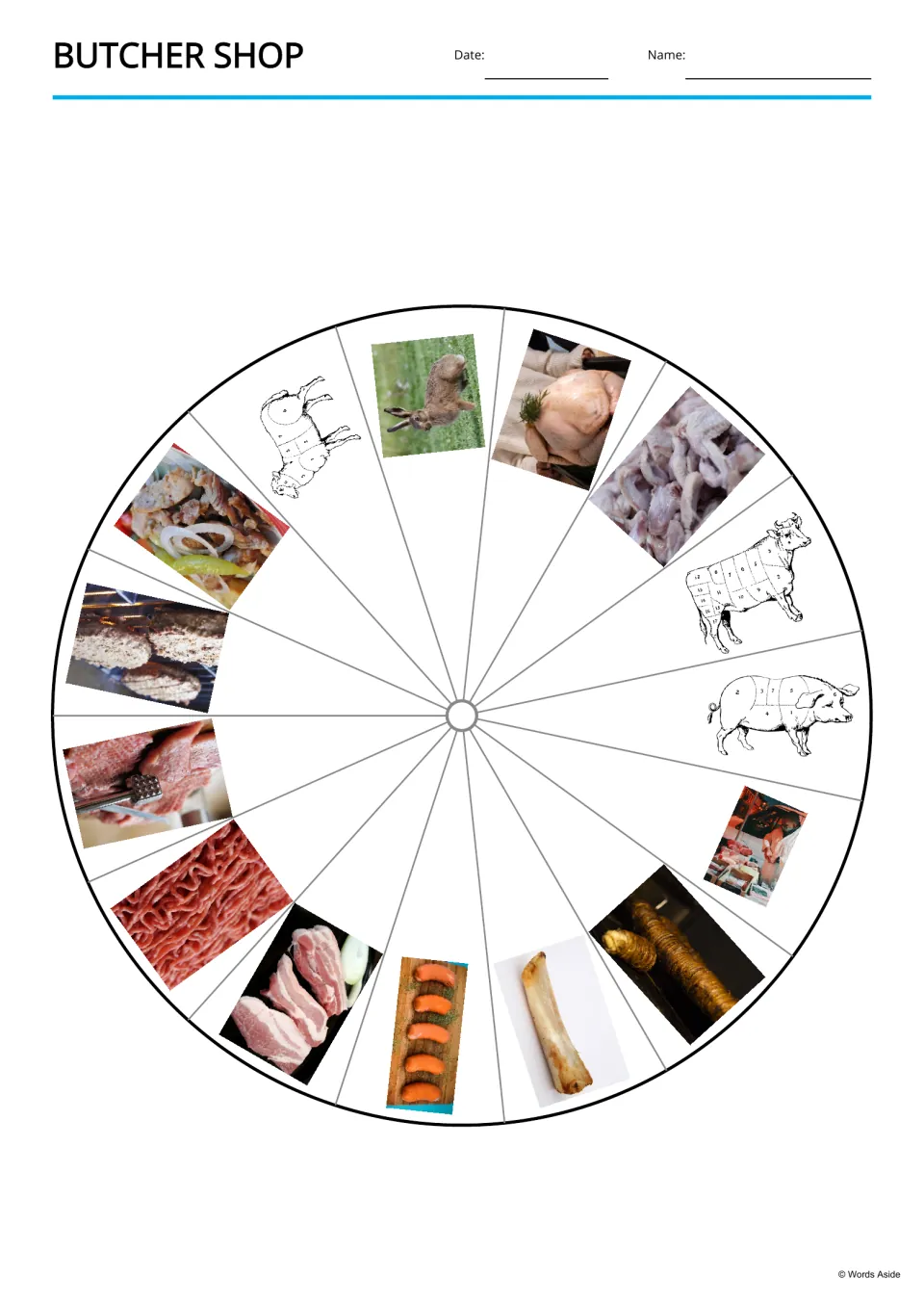 Butcher Shop picture wheel: 15 segments show meat photos and drawings, including a rabbit, sausages, a bone and a butcher