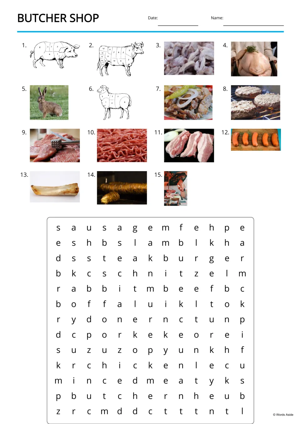 Butcher Shop word search: students find 15 meat words, such as sausage, steak and butcher, using numbered picture clues