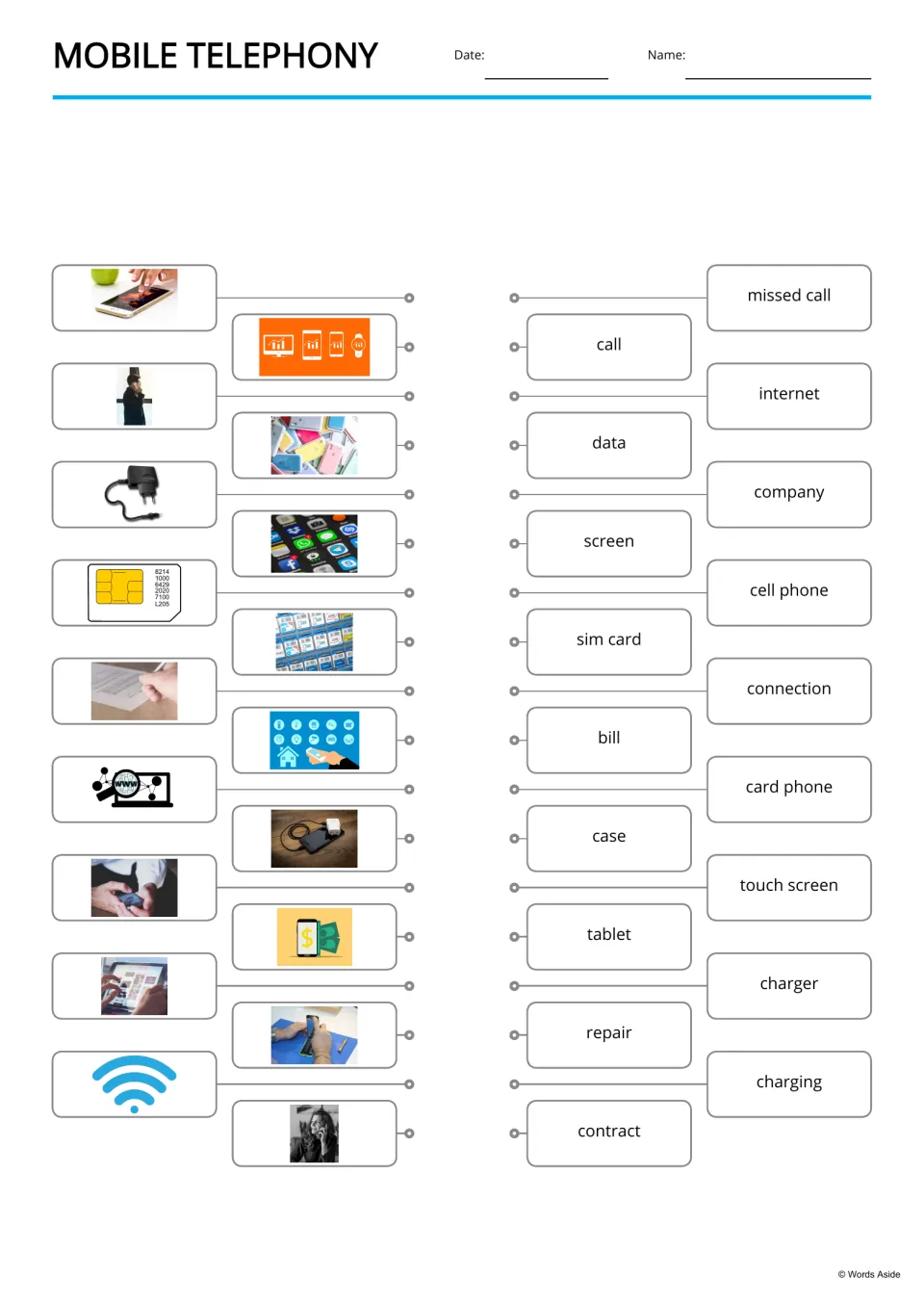 Picture-to-word matching: students connect phone photos such as charger and Wi-Fi icon to words like missed call and data