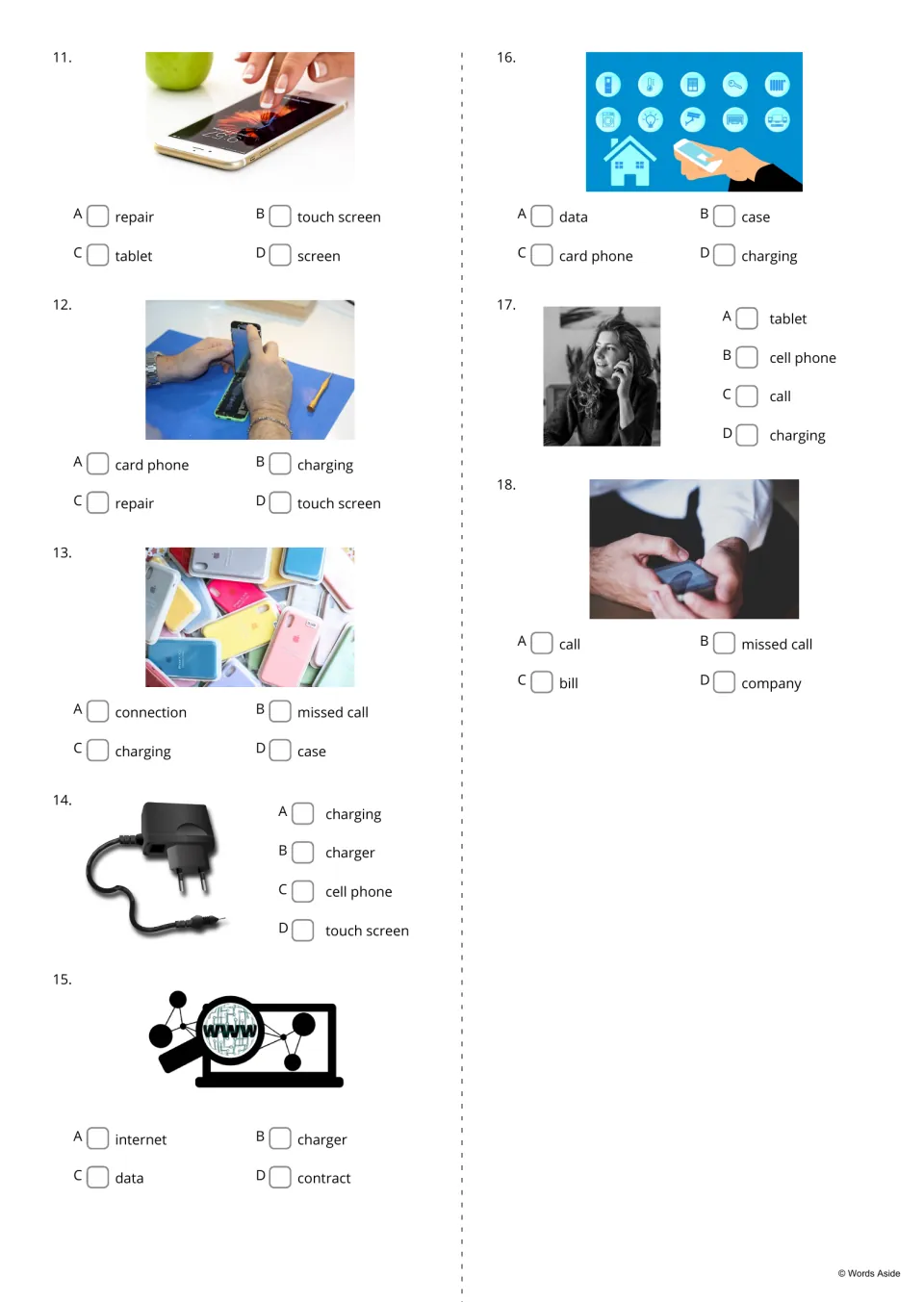 Phone vocabulary quiz, items 11-18: students choose A-D for photos showing a touch screen, phone cases, a charger and data