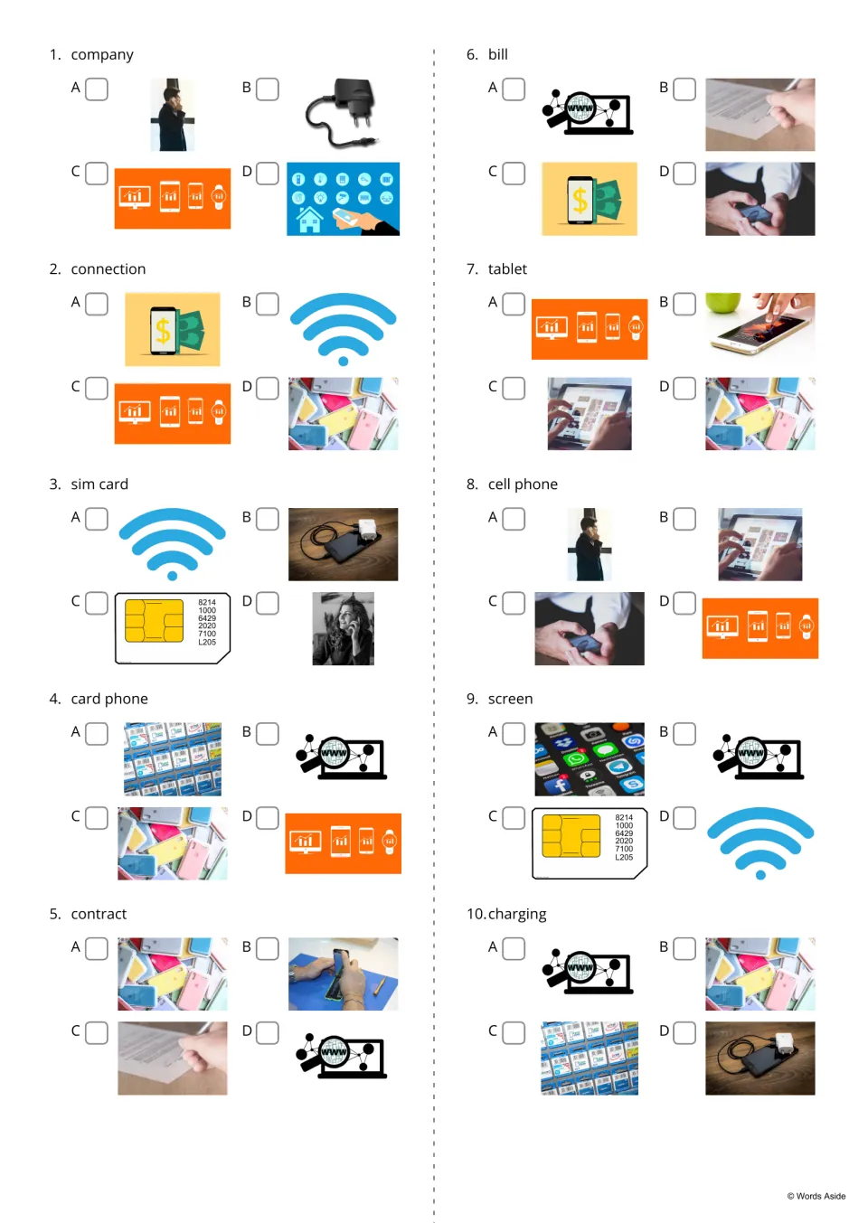Word-to-picture quiz, items 1-10: students read a word such as company, bill or charging and tick the matching photo A-D