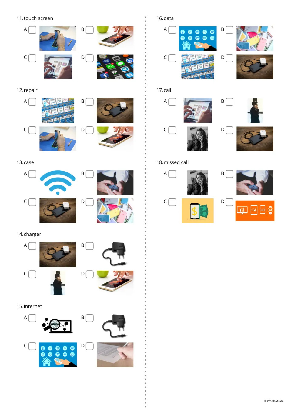 Word-to-picture quiz, items 11-18: for touch screen, repair, case, internet and missed call, students tick the right photo