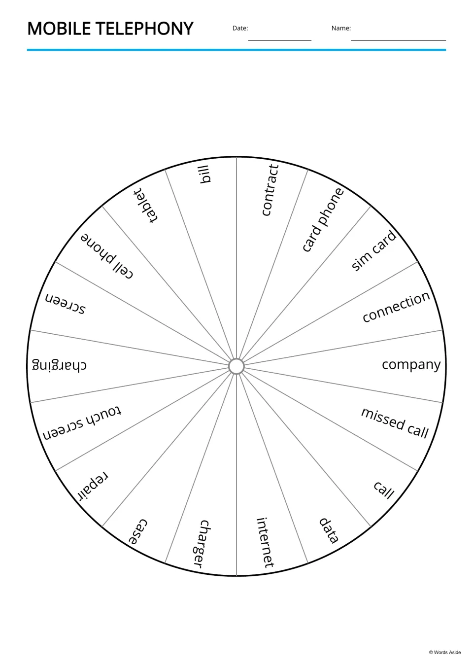 Word wheel of 18 mobile phone terms, such as contract, sim card, missed call and charger, one written in each segment