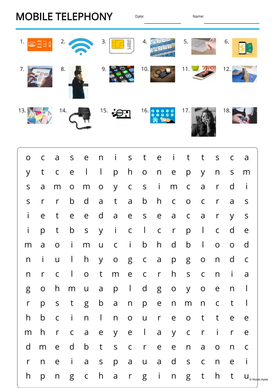Mobile telephony word search: students find 18 phone words, shown as numbered picture clues, hidden in a letter puzzle