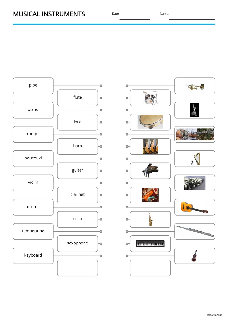 Musical instruments matching: students draw lines from 15 printed names like pipe, lyre and bouzouki to the matching photos