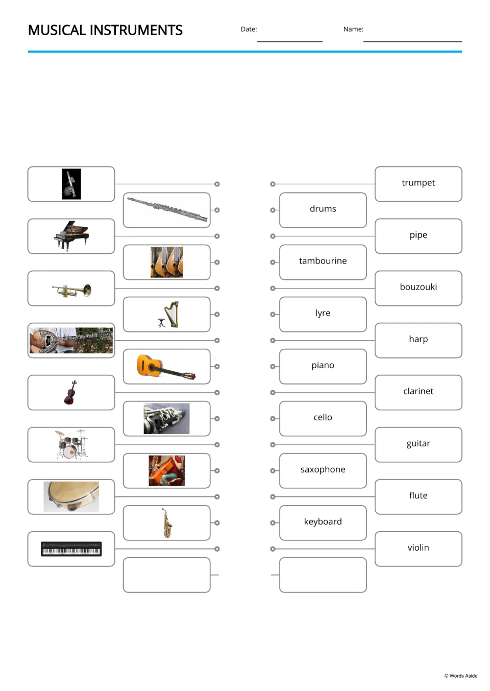 Instrument matching in reverse: students link 15 photos, such as a pipe, piano and trumpet, to names like drums or harp