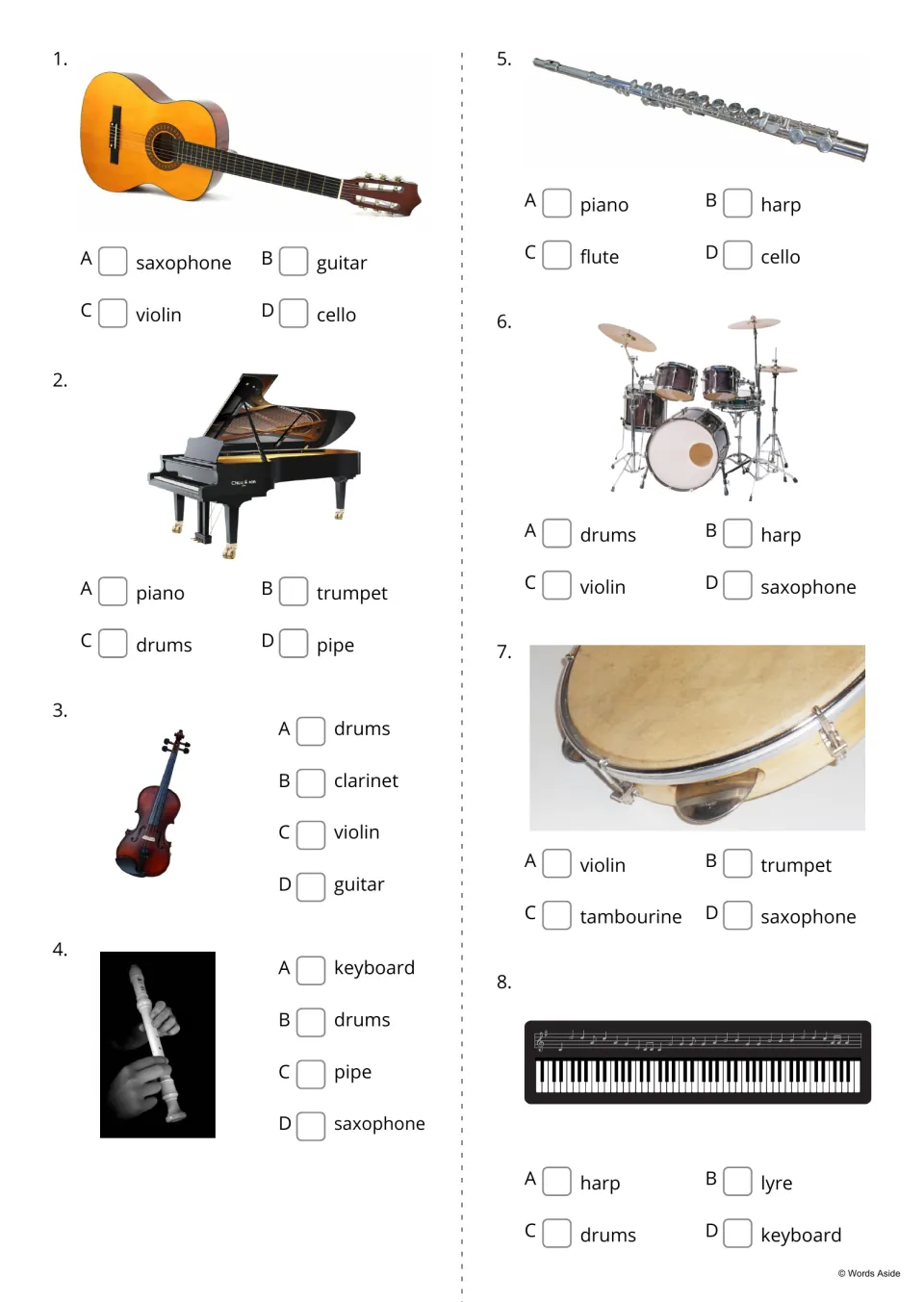 Instrument naming quiz, items 1-8: students tick A-D to name a pictured guitar, piano, violin, pipe, flute or keyboard