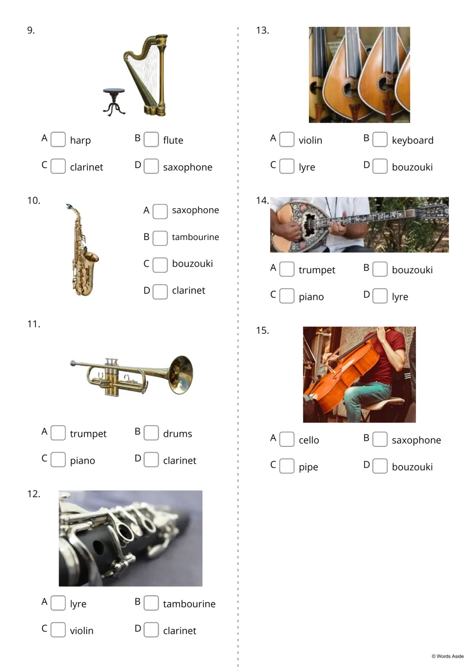 Instrument quiz continued, items 9-15: students choose the name for a harp, saxophone, trumpet, clarinet, lyre and cello