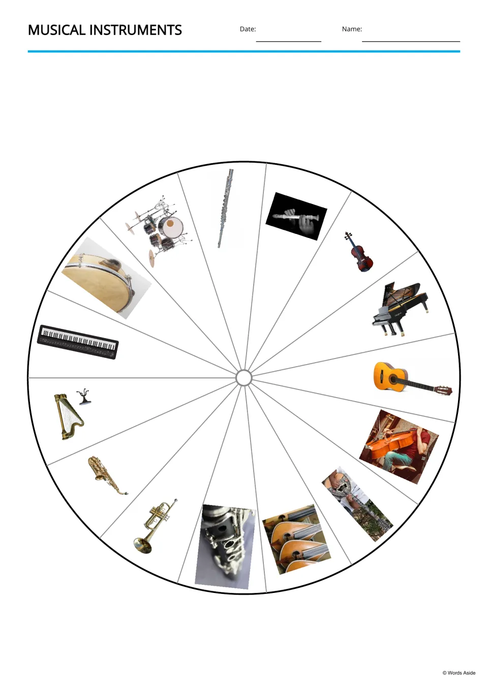 Musical instruments picture wheel: 15 instrument photos such as drums, flute, piano, guitar and cello around a centre hole