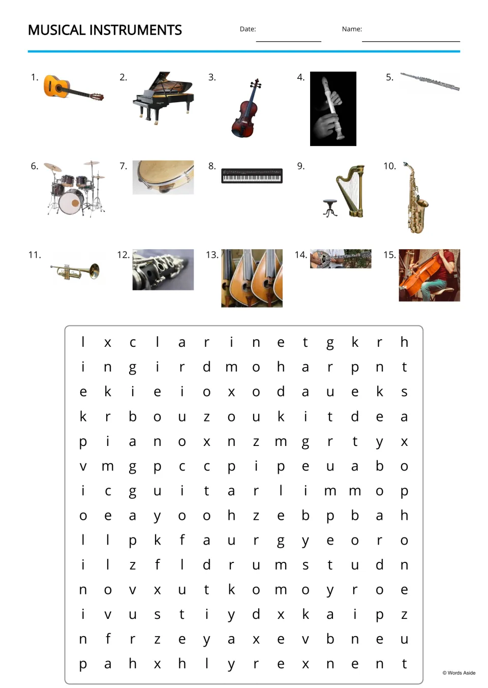 Musical instruments word search: students find the names of 15 pictured instruments, like clarinet and bouzouki