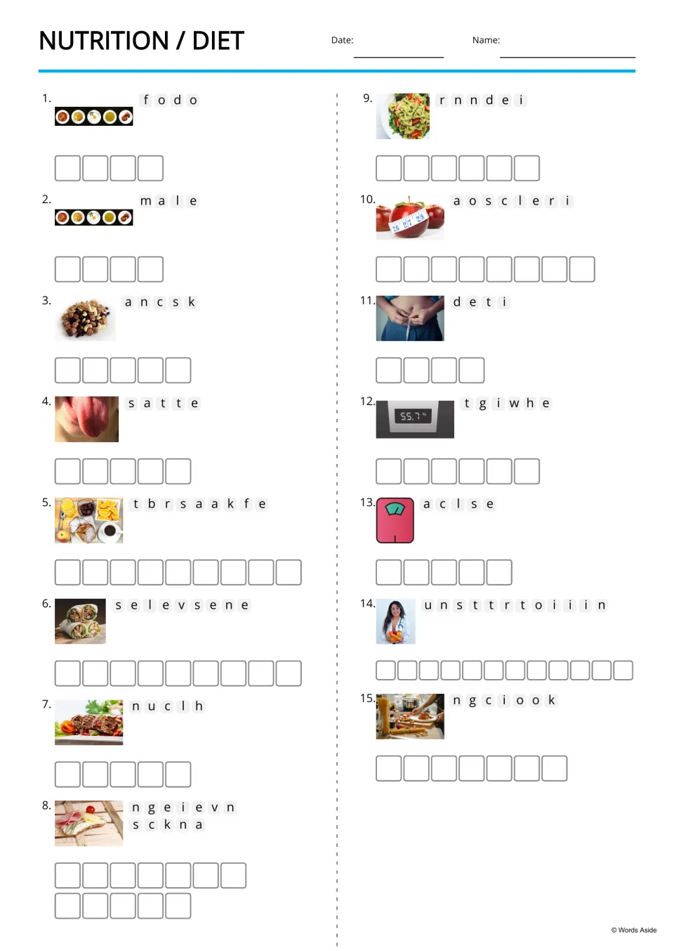 Nutrition and diet anagrams: students unscramble 15 words such as food, snack and nutritionist, each shown with a photo