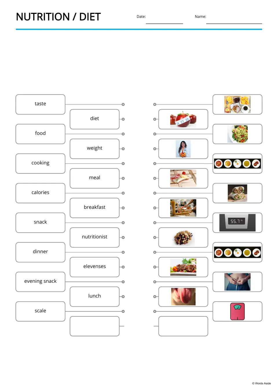 Nutrition and diet matching: students draw lines linking words like taste, calories and scale to the matching photos