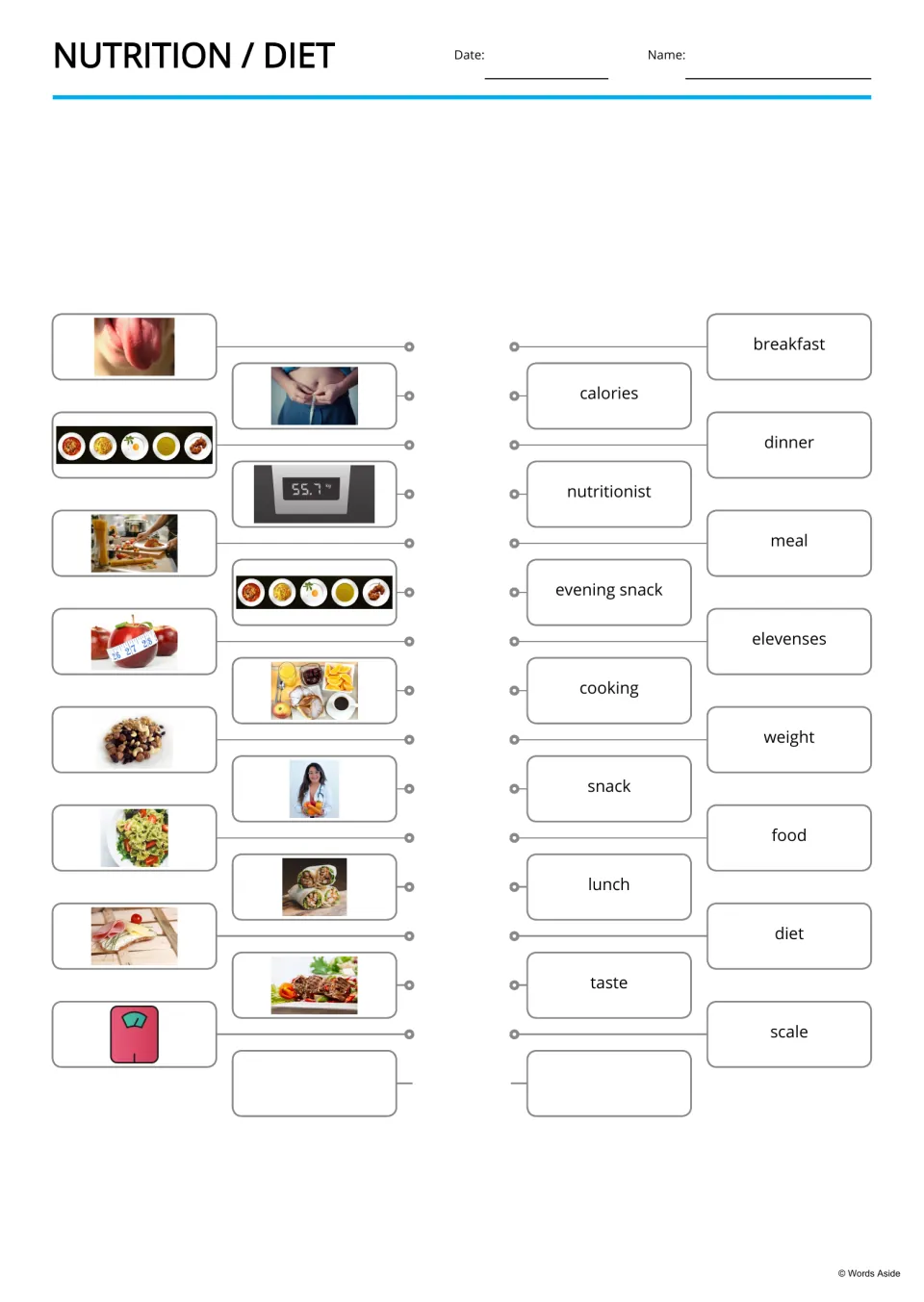 Photo-to-word matching on nutrition: students connect pictures such as a tongue or bathroom scale to words like breakfast