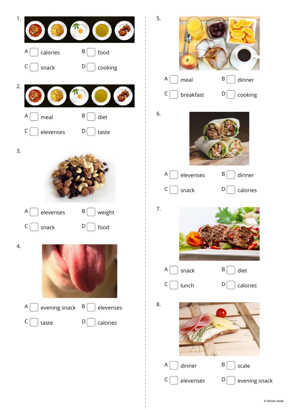 Food vocabulary multiple choice, items 1-8: students tick which of four words fits each photo, from food to evening snack