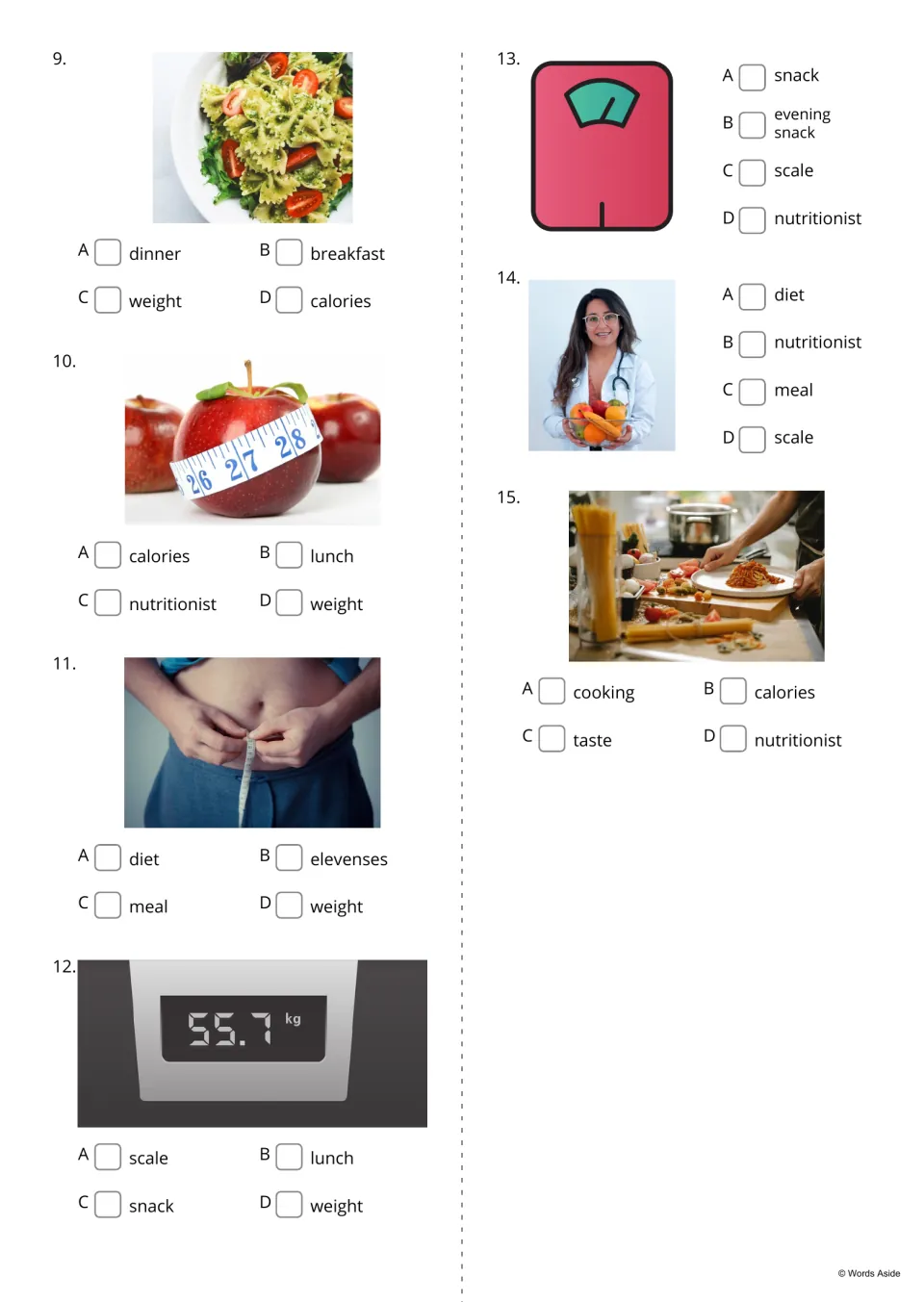 Diet vocabulary multiple choice, items 9-15: students pick the word for photos like a pasta salad, scale and nutritionist