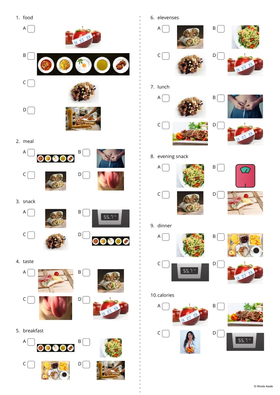 Word-to-picture quiz, items 1-10: students read a word such as breakfast or calories and tick the matching photo out of four