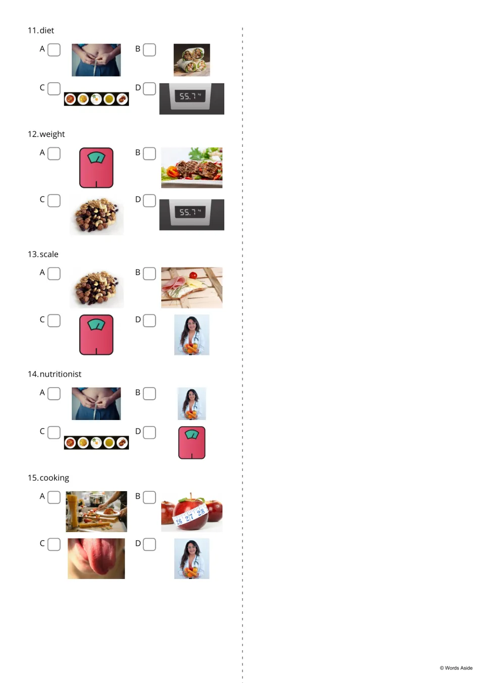 Word-to-picture quiz, items 11-15: students tick the photo that shows diet, weight, scale, nutritionist or cooking
