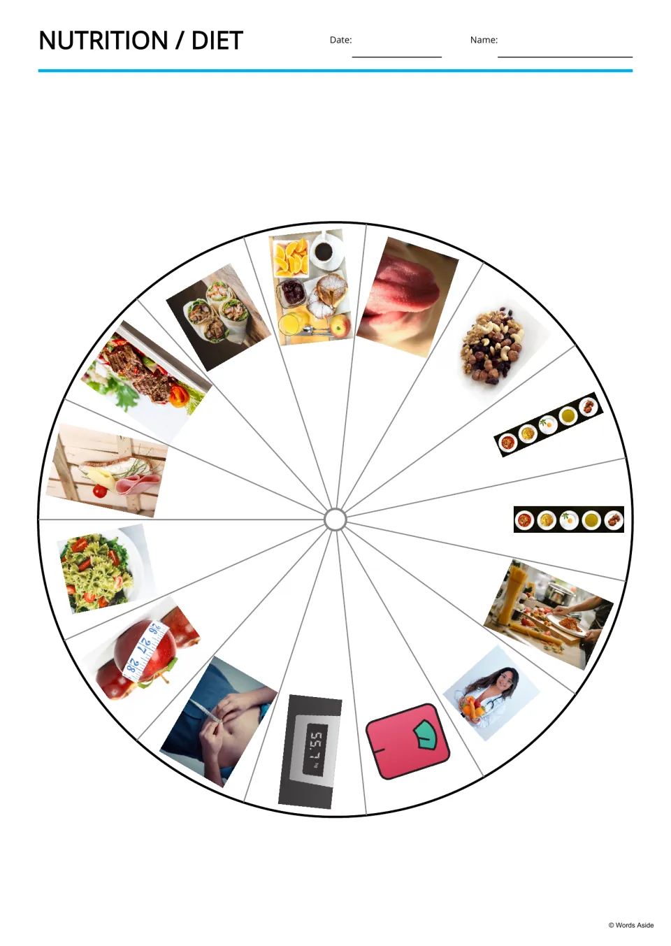 Nutrition picture wheel showing 15 photos in a circle, including a breakfast tray, mixed nuts, a scale and a nutritionist