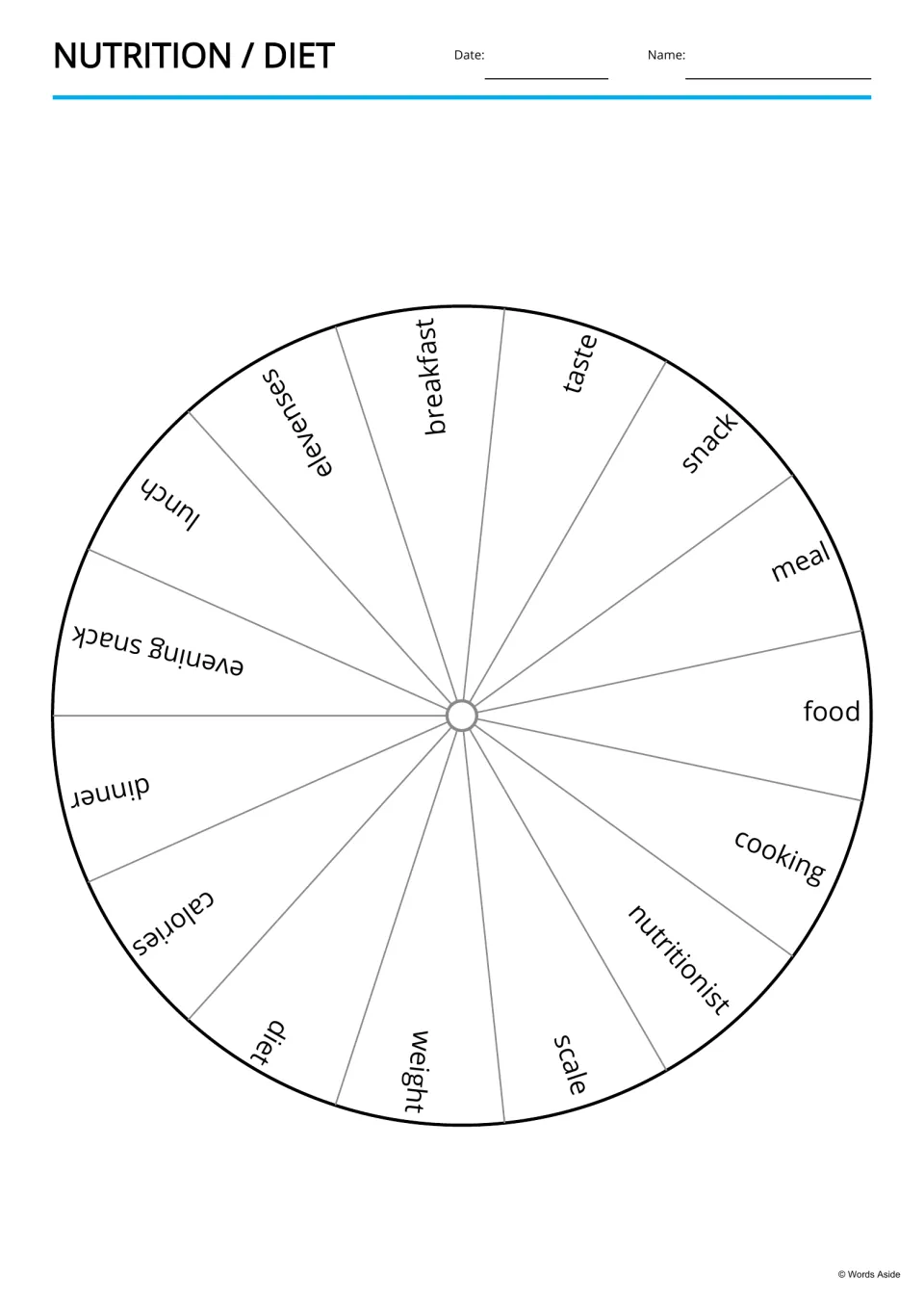 Nutrition word wheel with 15 diet words around a circle, such as breakfast, elevenses, calories, nutritionist and scale