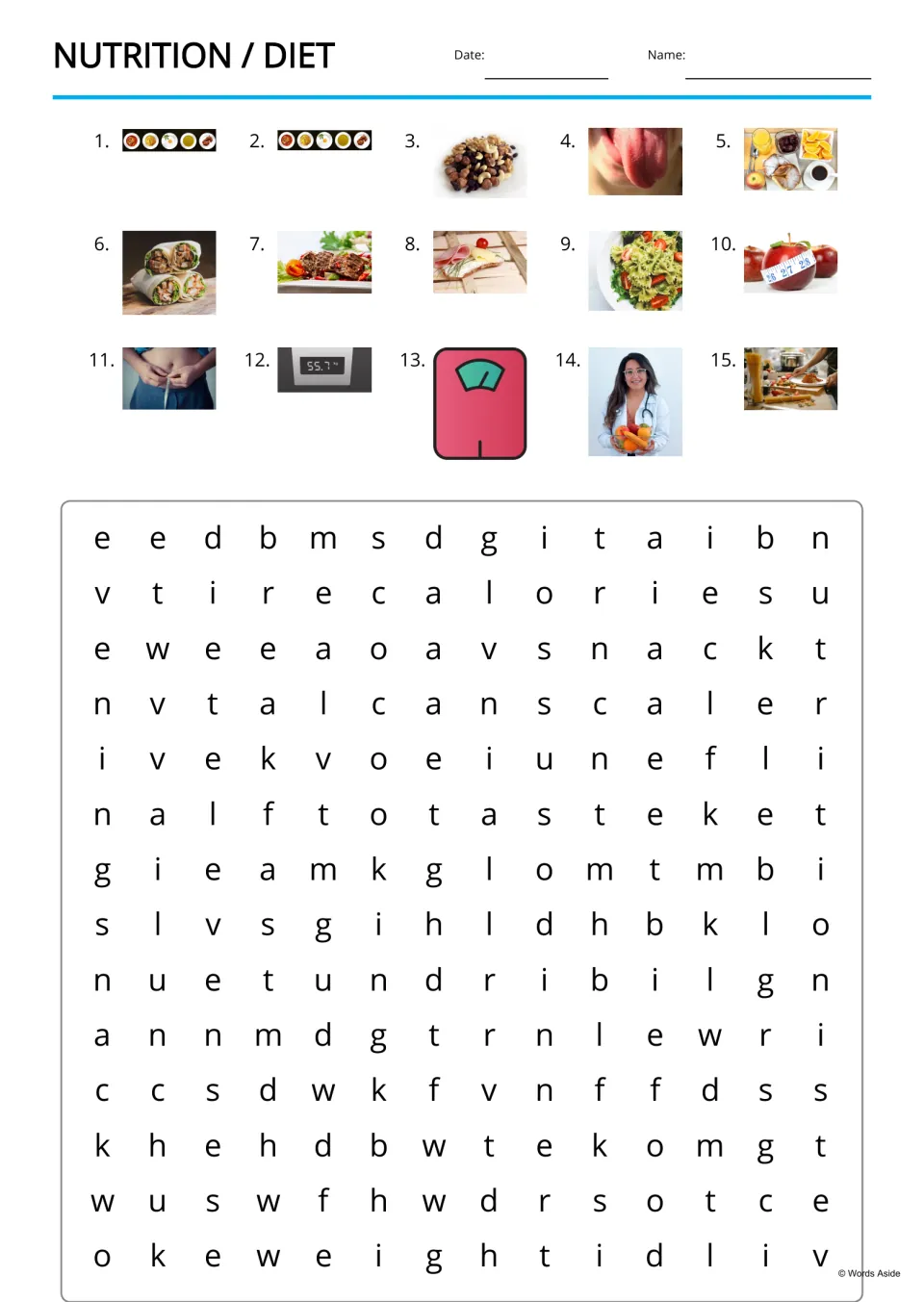 Food and diet word search: students find 15 words in a letter puzzle, prompted by numbered photos instead of a word list