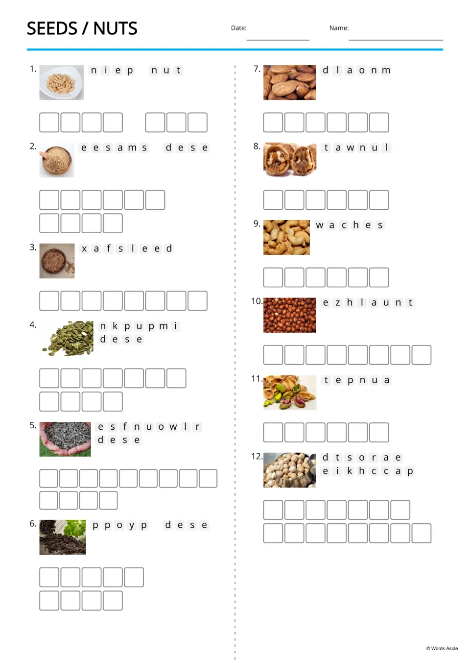 Seeds and nuts anagrams: students unscramble 12 jumbled names, such as niep nut and tawnul, using the photo beside each
