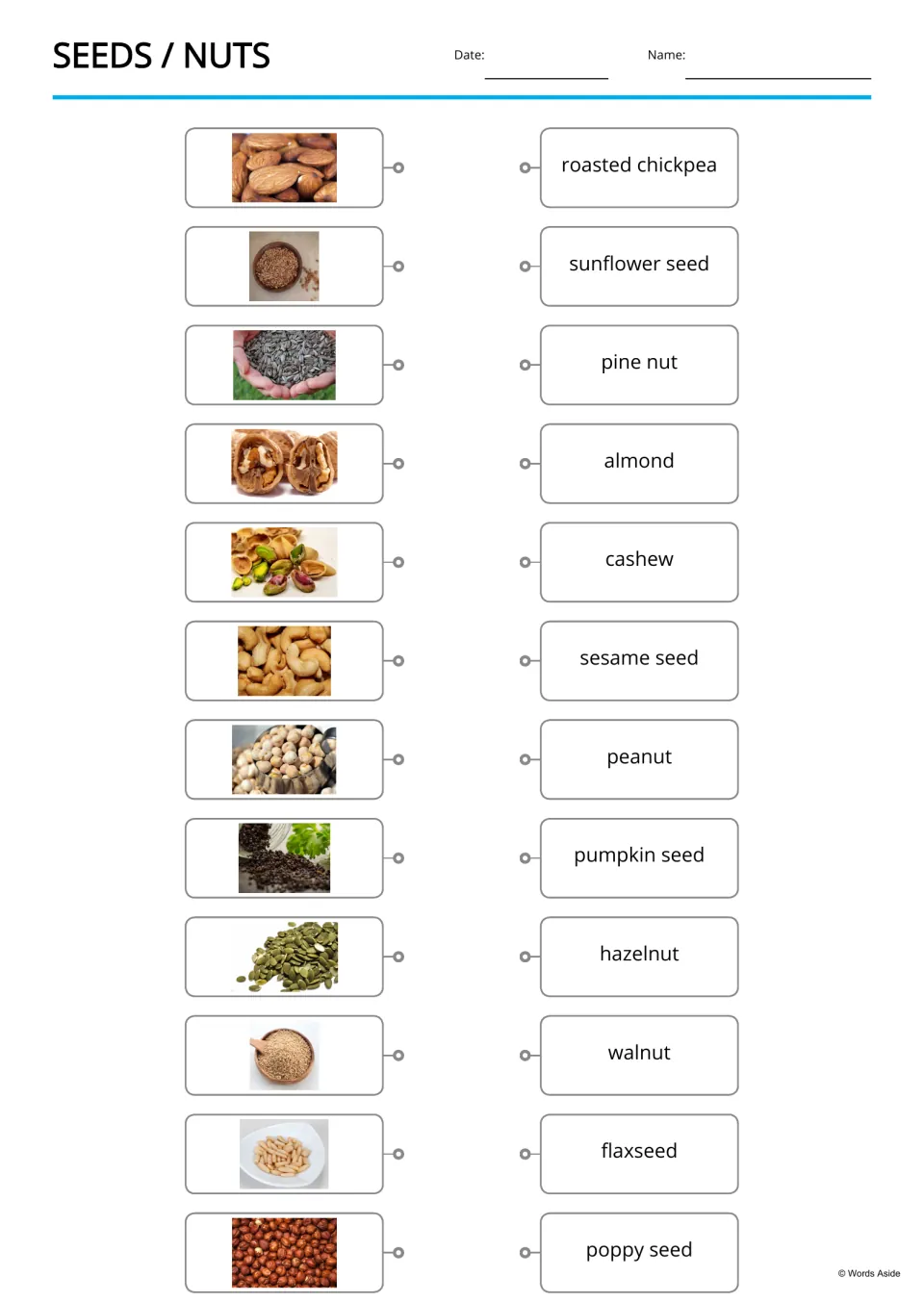 Picture-to-word matching: students link photos of almonds, sunflower seeds and other foods to names like roasted chickpea