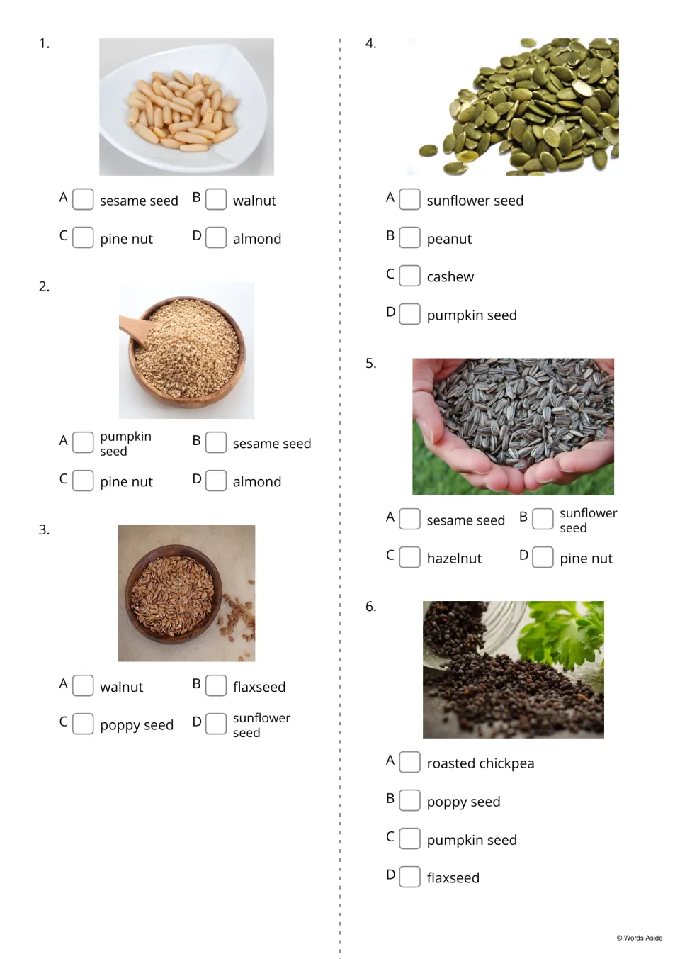 Multiple choice items 1 to 6: students tick the correct name, such as pine nut or flaxseed, for each seed or nut photo