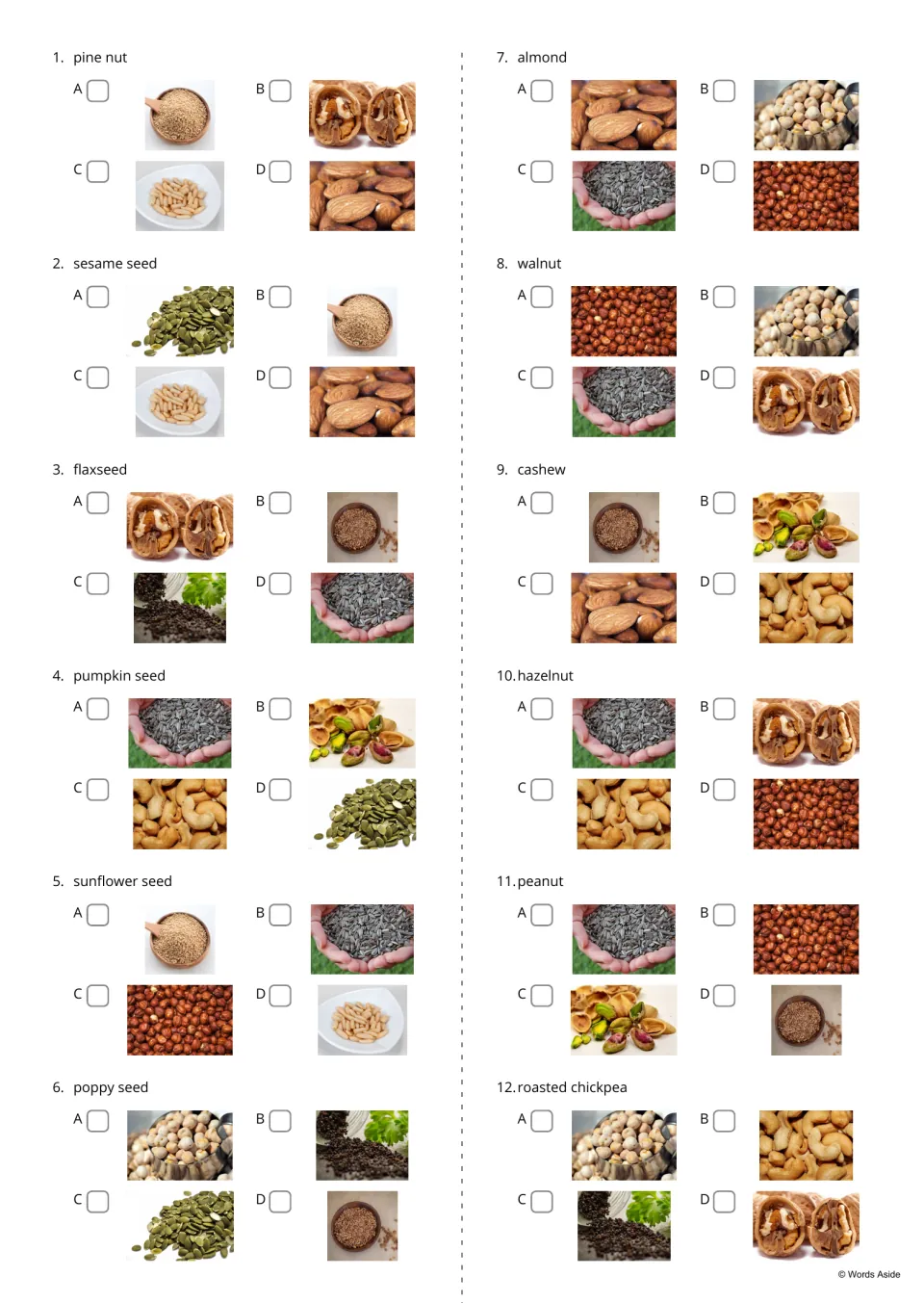 Word-to-photo choice: for each of 12 names like sesame seed and peanut, students tick which of four photos shows that food