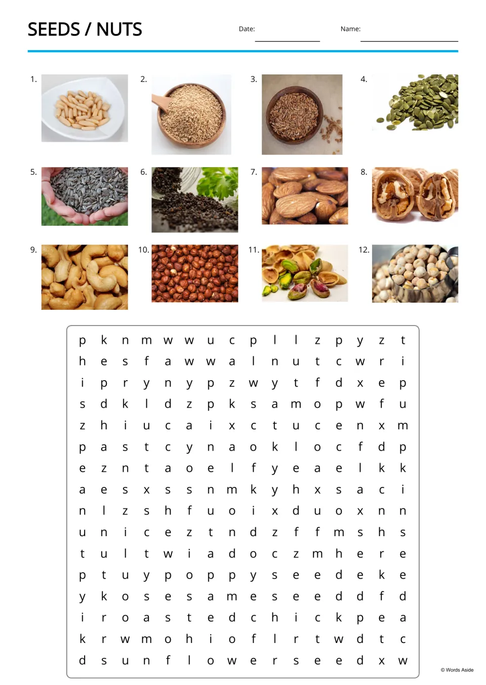Seeds and nuts word search: students use 12 numbered photo clues to find hidden names like poppy seed and walnut