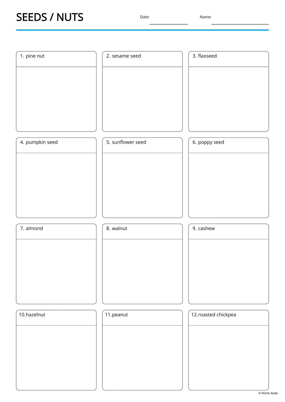 Seeds and nuts vocabulary page listing 12 names from pine nut to roasted chickpea, each with blank space for a picture