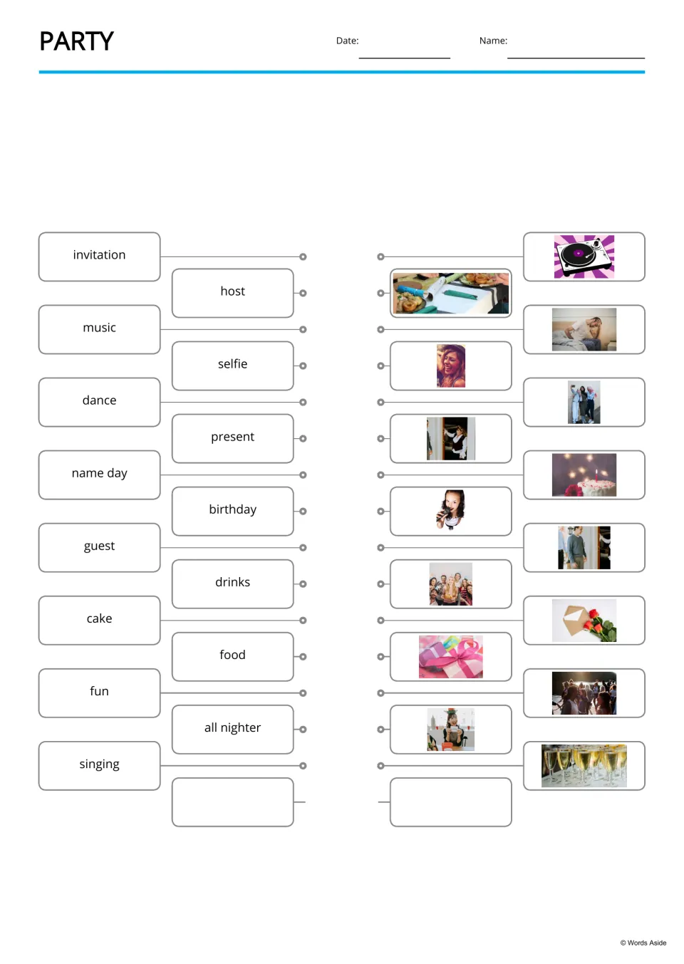 Party word matching: students connect 15 words such as invitation, selfie and all nighter to the photo showing each one