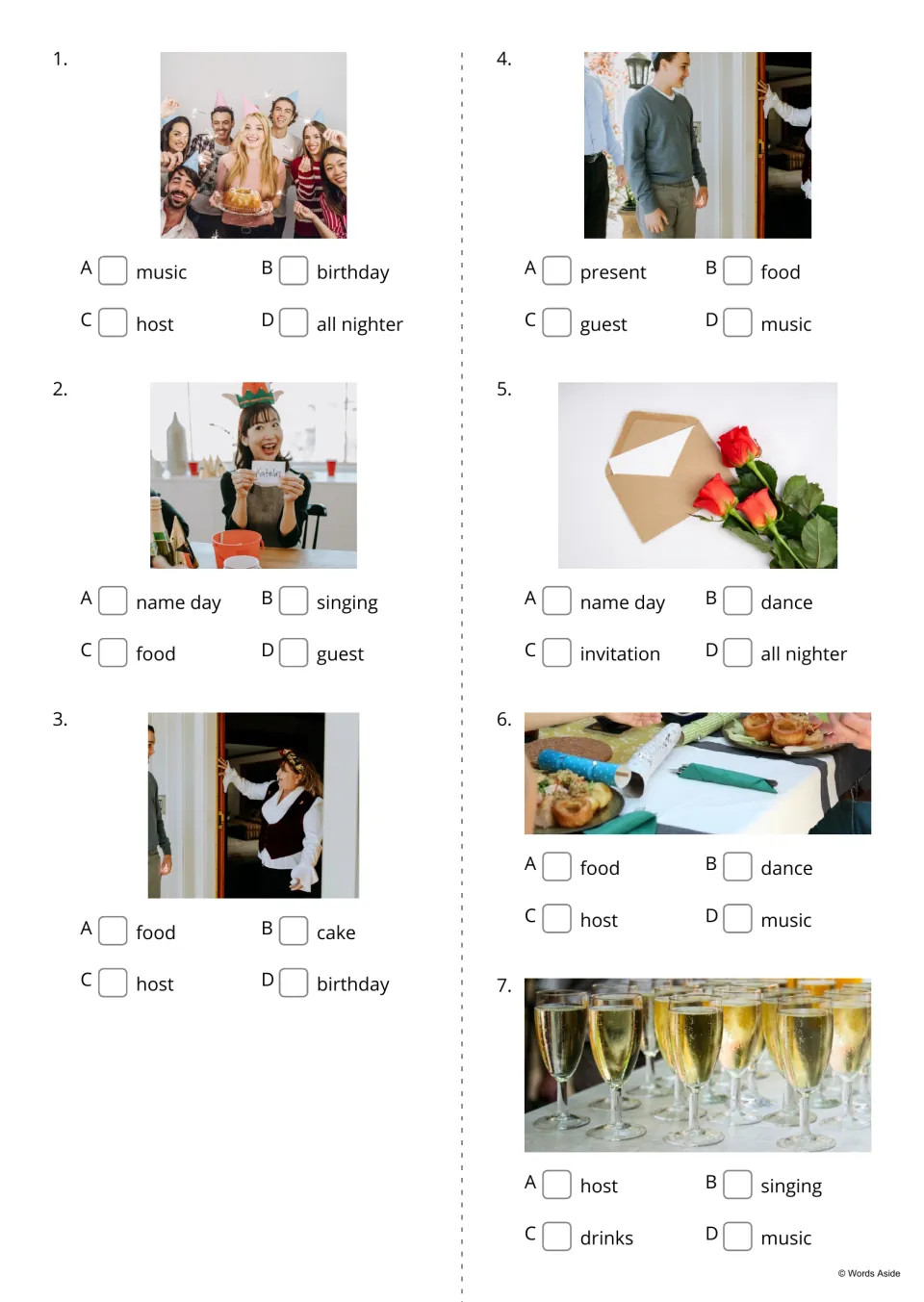 Party vocabulary quiz, items 1-7: students look at each photo and tick the right word, such as birthday, host or drinks