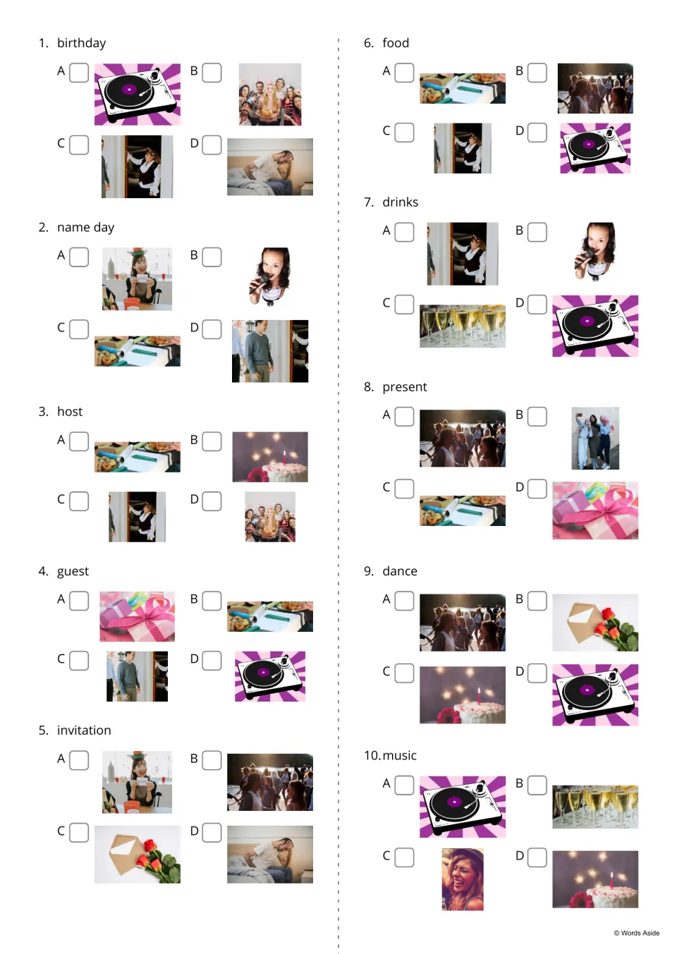 Word-to-picture quiz, items 1-10: students read a party word like guest or invitation and tick which of four photos fits